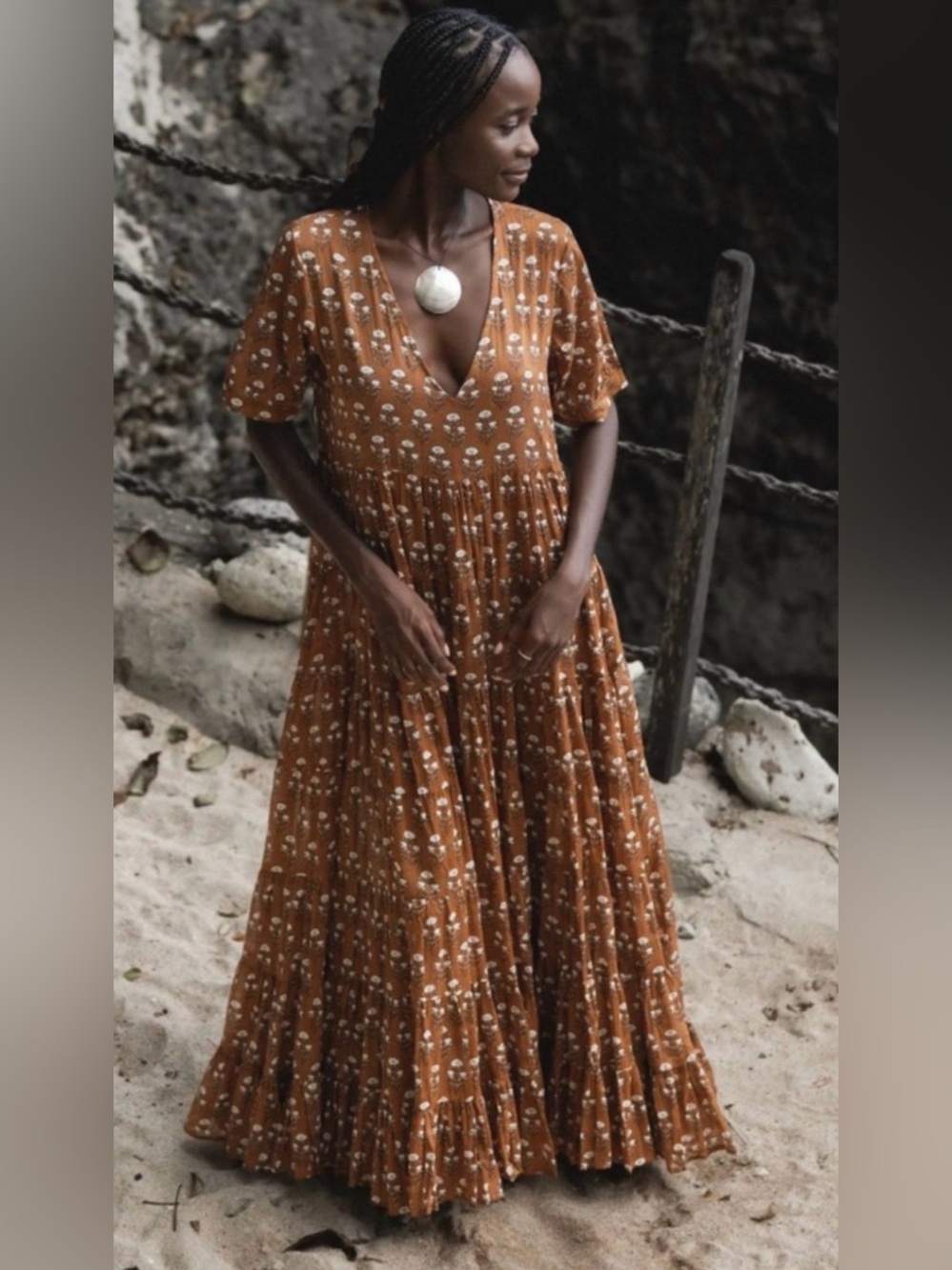 Deep V-Neck Tiered Maxi Dress in Rust Floral medium